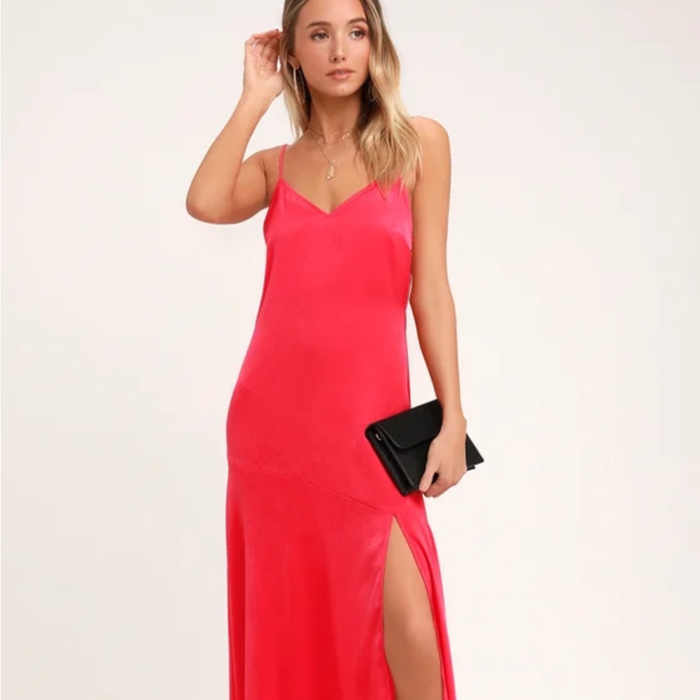 Lulu’s Hot Date Red Satin Maxi Dress - NWT